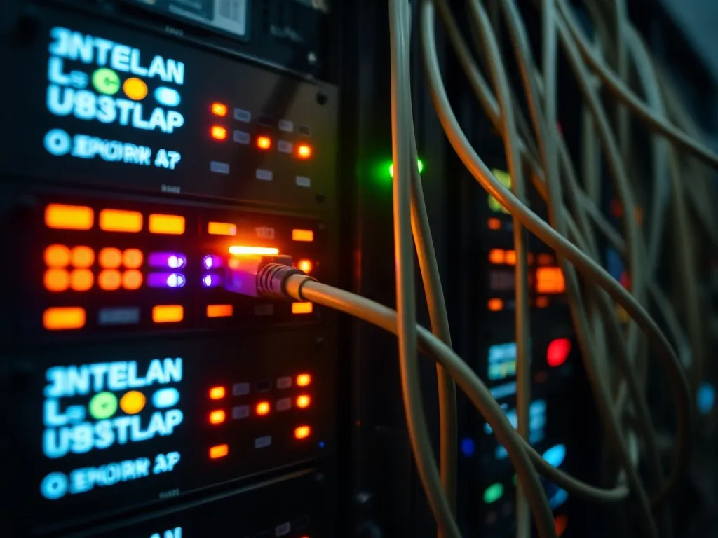Close up of a server rack with blinking LED lights and thick
