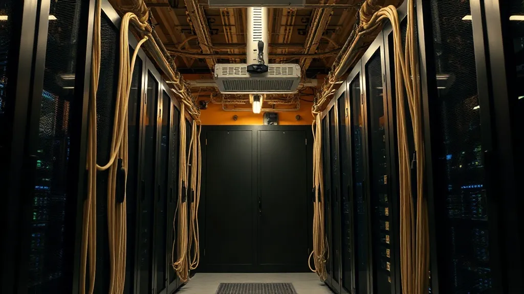 High-tech server room with clean vertical cables, industrial