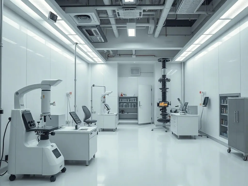 A high-tech laboratory setting with clean lines, scientific